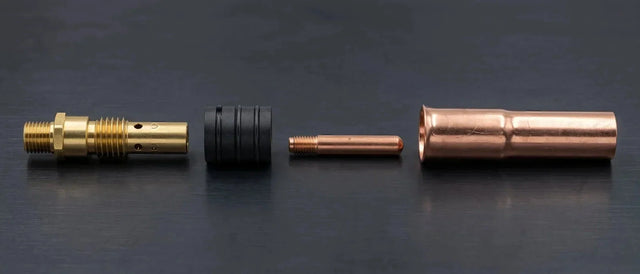 MIG gun front-end parts in assembly order: gas diffuser, nozzle insulator, contact tip and nozzle