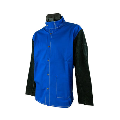 PowerWeld Blue Cotton Welding Jacket with leather sleeves, FR cotton and cowhide combo jacket