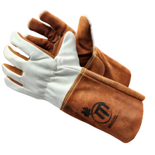 Pair of brown and white leather gloves with a logo on a white background
