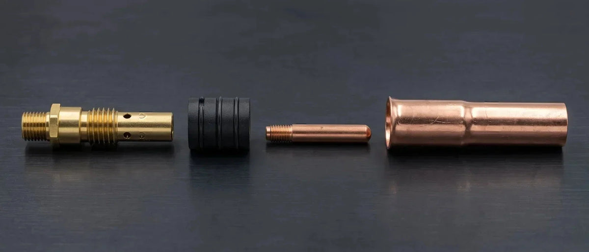 MIG gun front-end parts in assembly order: gas diffuser, nozzle insulator, contact tip and nozzle