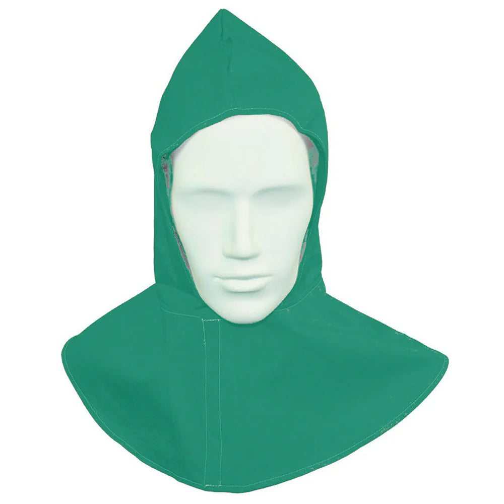 PowerWeld FR cotton welding hood in green shown on a mannequin head, front view of full drape bib