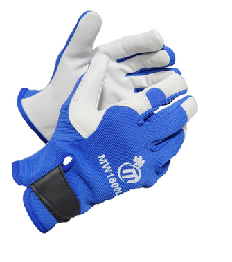 MW1800 Sheepskin Leather Work Gloves with Blue Stretchy Fourway Fabric & Adjustable Velcro Closure