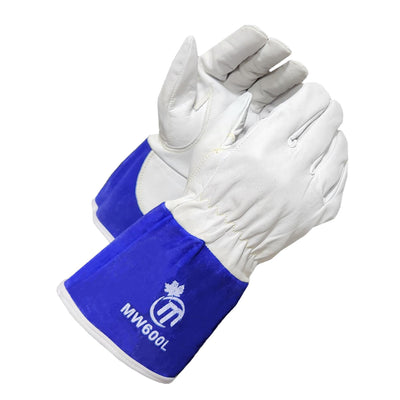 MapleWeld MW600 goatskin short TIG welding gloves with blue split leather cuff