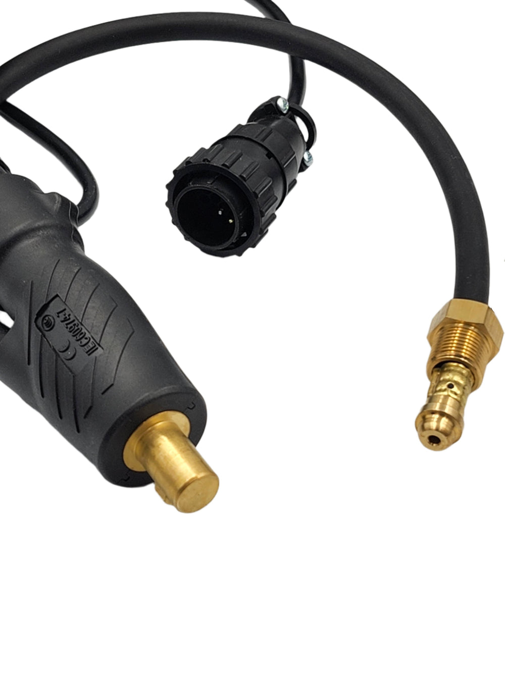 Close-up of TIG torch cable connectors with brass gas fitting and control plug for the SanMIG 250MF