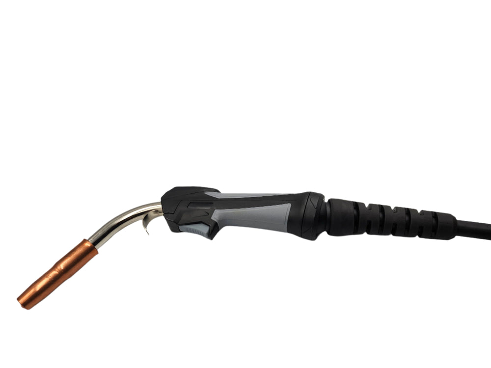 15 ft MIG gun with copper contact tip, curved neck and grey and black handle for the SanMIG 250MF