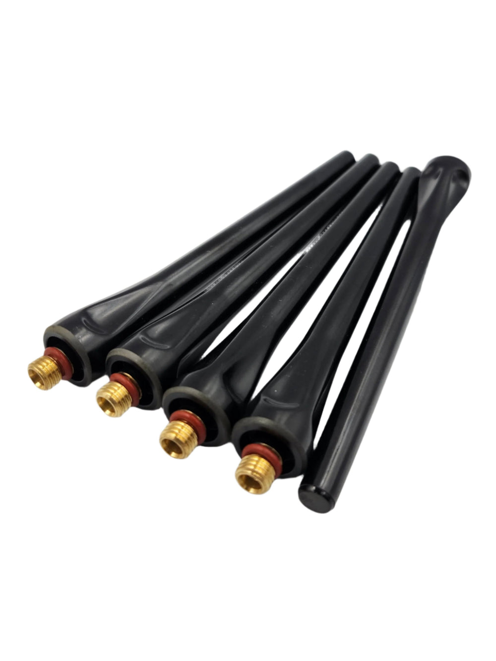 Parker 41V series long TIG torch back caps, black rubber with brass fittings, side view