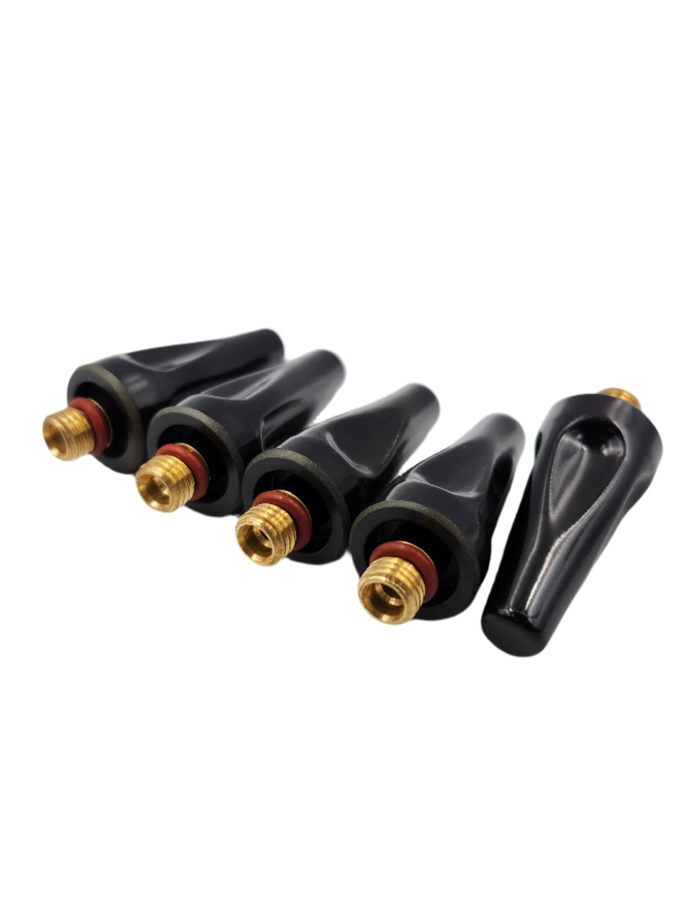Parker 41V series medium TIG torch back caps, black with brass fittings and red O-rings, angled view