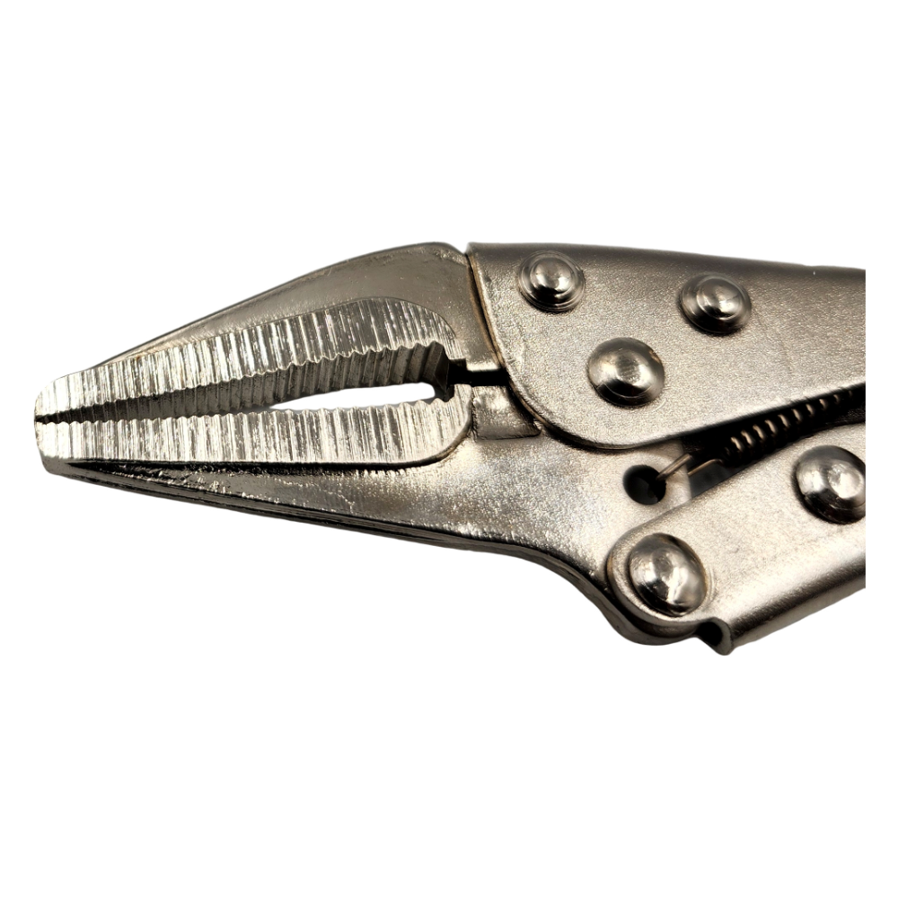 PowerWeld 6 inch long nose locking pliers with wire cutter, close-up of serrated jaws