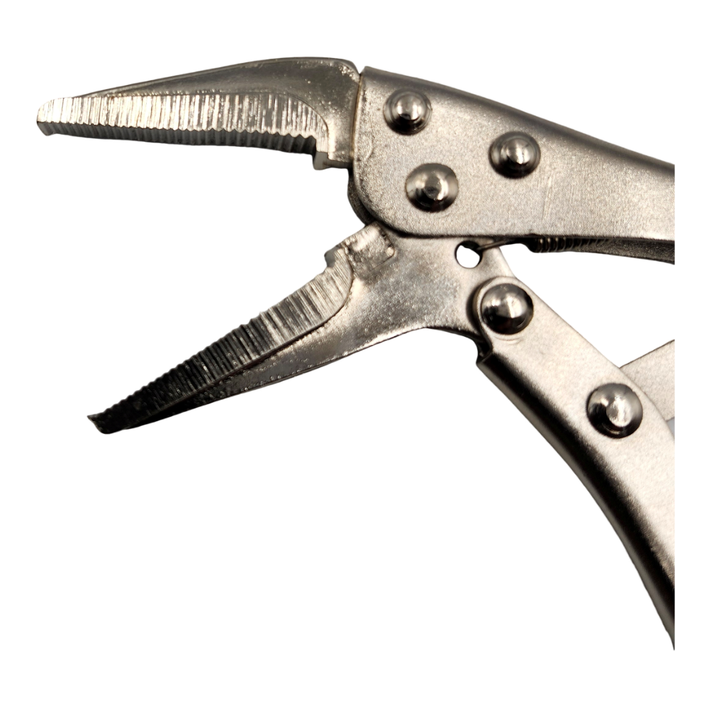 PowerWeld 6 inch long nose locking pliers with wire cutter, open jaws close-up