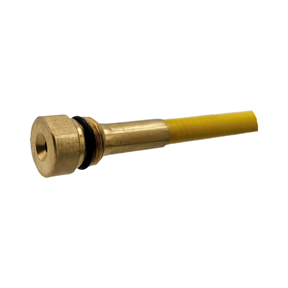 Parker Tregaskiss style steel liner close-up of brass end fitting with yellow sleeve
