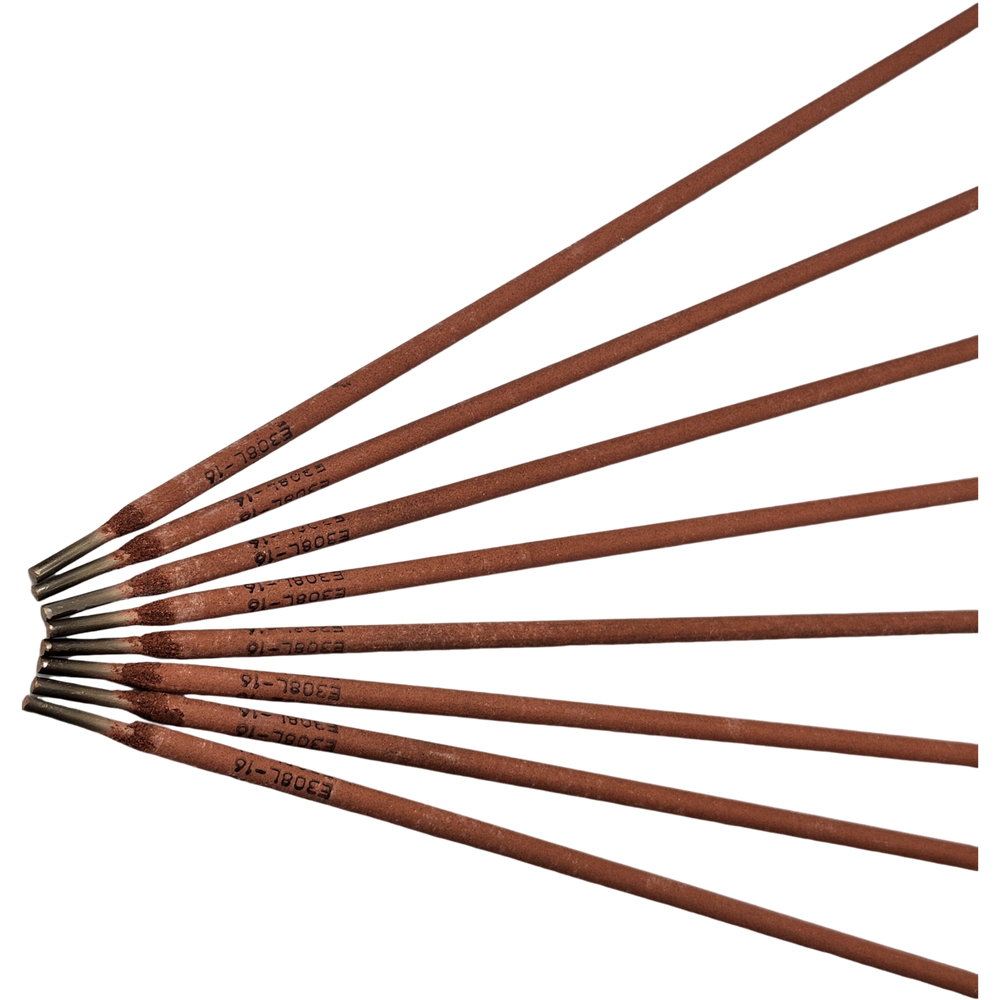 E308L stainless steel stick electrodes fanned out showing flux coating and markings