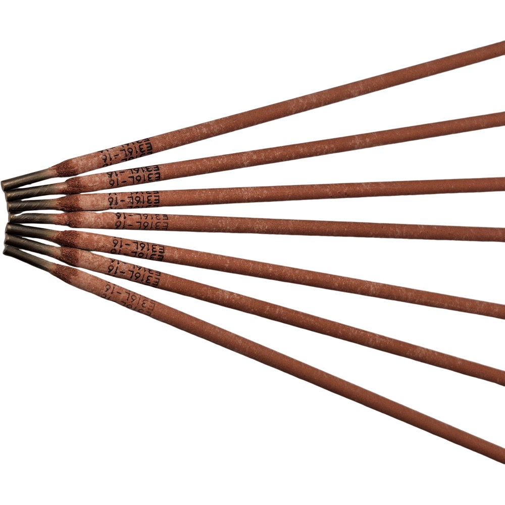 E316L stainless steel stick electrodes fanned out showing flux coating and markings