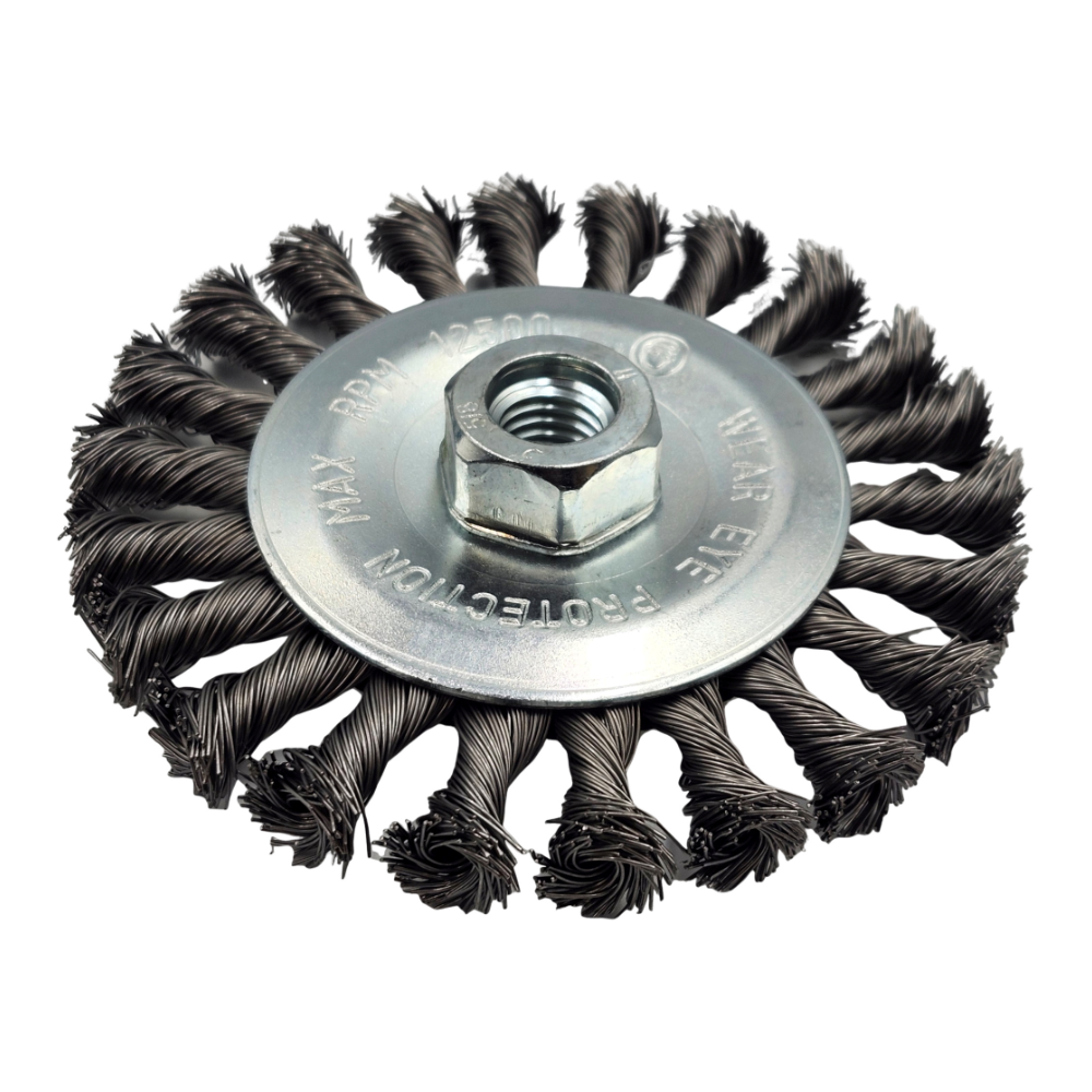 Platinum twist knot wire wheel for pipe weld cleaning and deburring