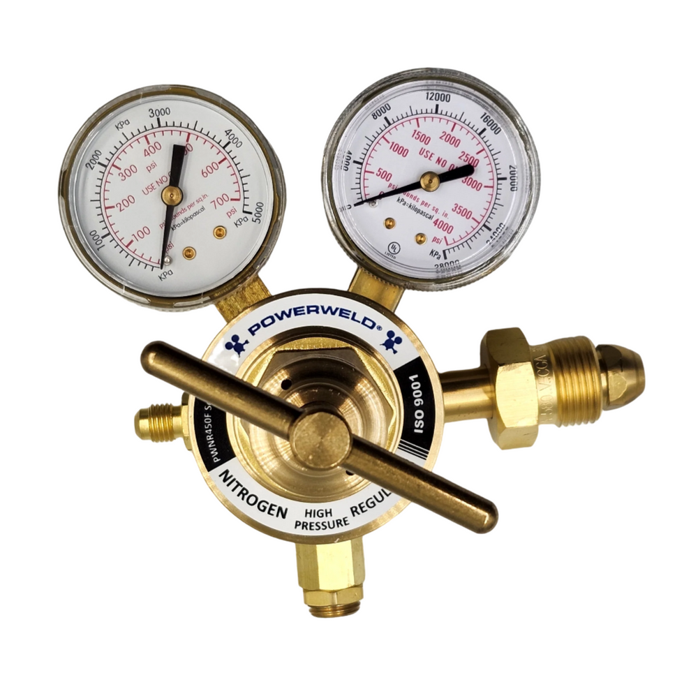PowerWeld CGA-580 nitrogen purging regulator with two gauges and T-handle