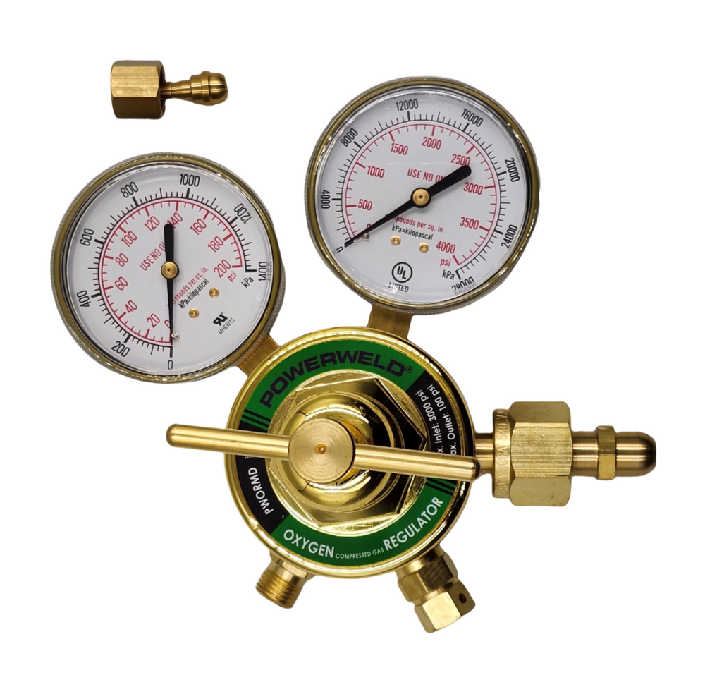 PowerWeld medium duty oxygen regulator CGA-540 with two gauges and green label