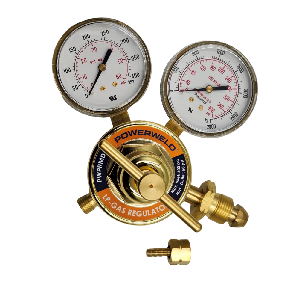 A gold-colored, forged brass propane regulator with two pressure gauges and a control knob, labeled 'Powerweld' and 'CGA 510'.