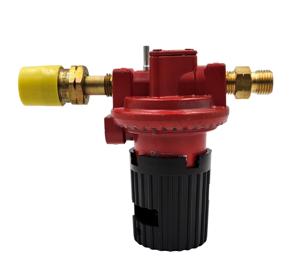 Fairview Fittings propane regulator CGA-510, front view with yellow protective cap