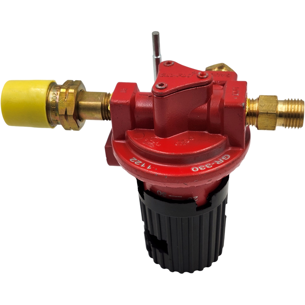 Fairview Fittings propane regulator with excess flow adjuster, angled side view