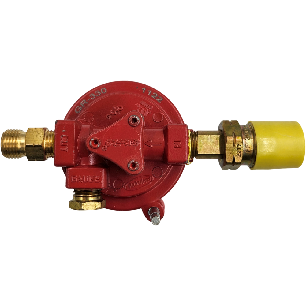 Fairview Fittings propane regulator, top view of red body and adjuster