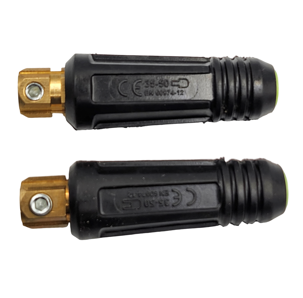 PowerWeld Dinse style welding cable connectors 1025 3550 5070, pair with black grips and brass tips