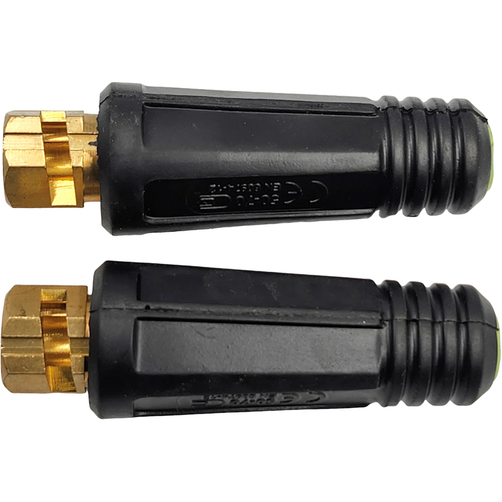 PowerWeld Dinse style welding cable connectors 1025 3550 5070, pair showing brass connector ends