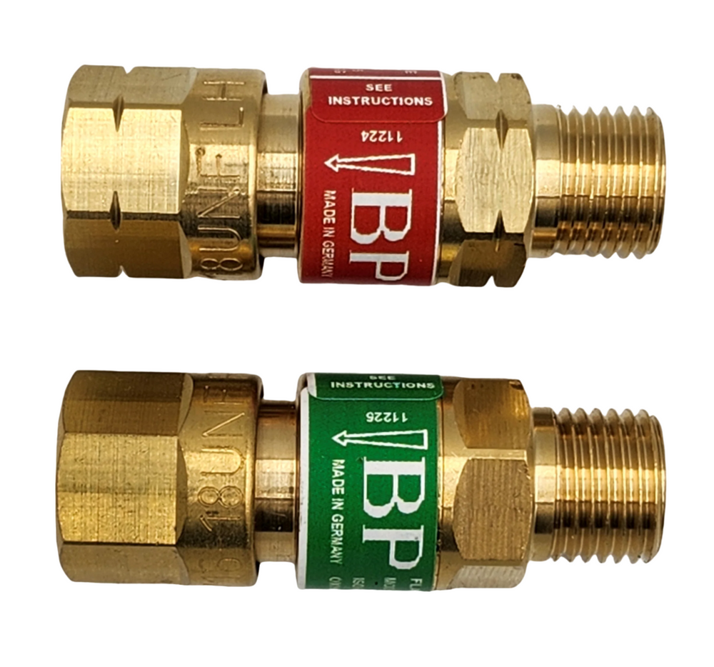 Super Flash backflow preventers, red fuel and green oxygen, label close-up