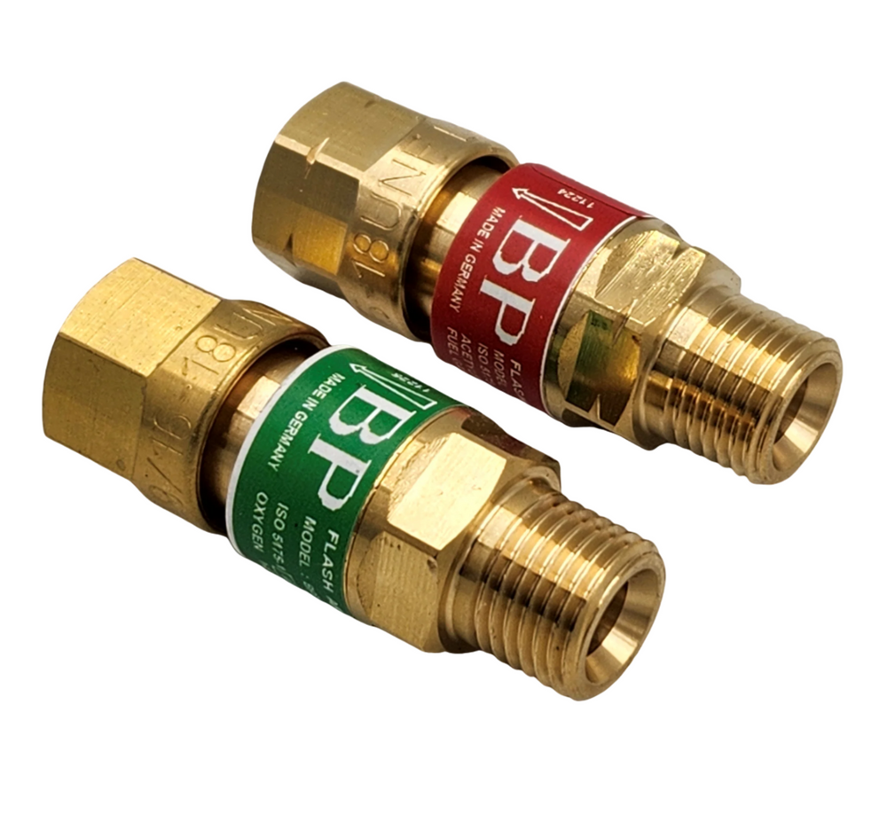 Super Flash oxygen and fuel gas backflow preventers, angled view of brass fittings