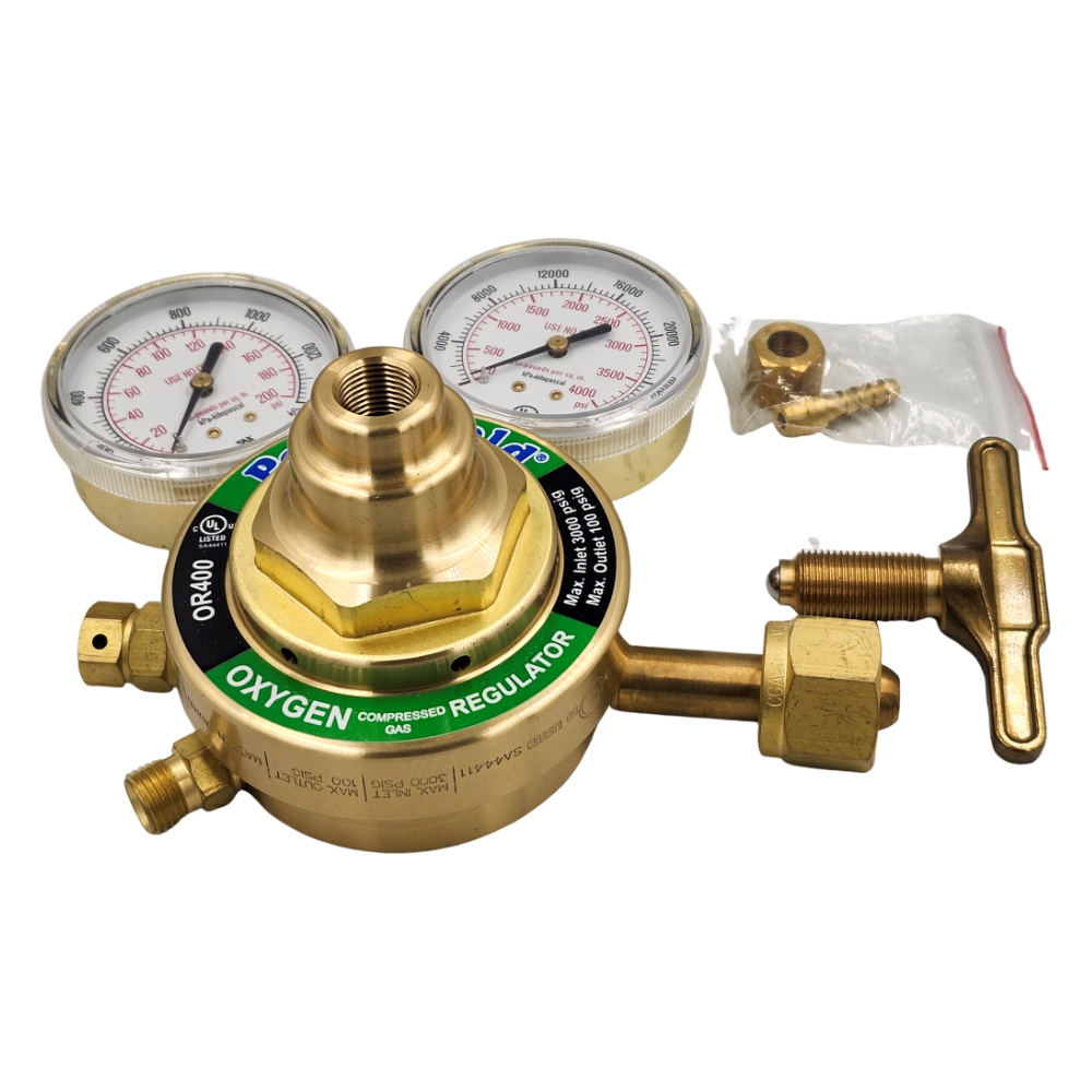 PowerWeld OR400 oxygen regulator single-stage, angled view of brass bonnet and gauges
