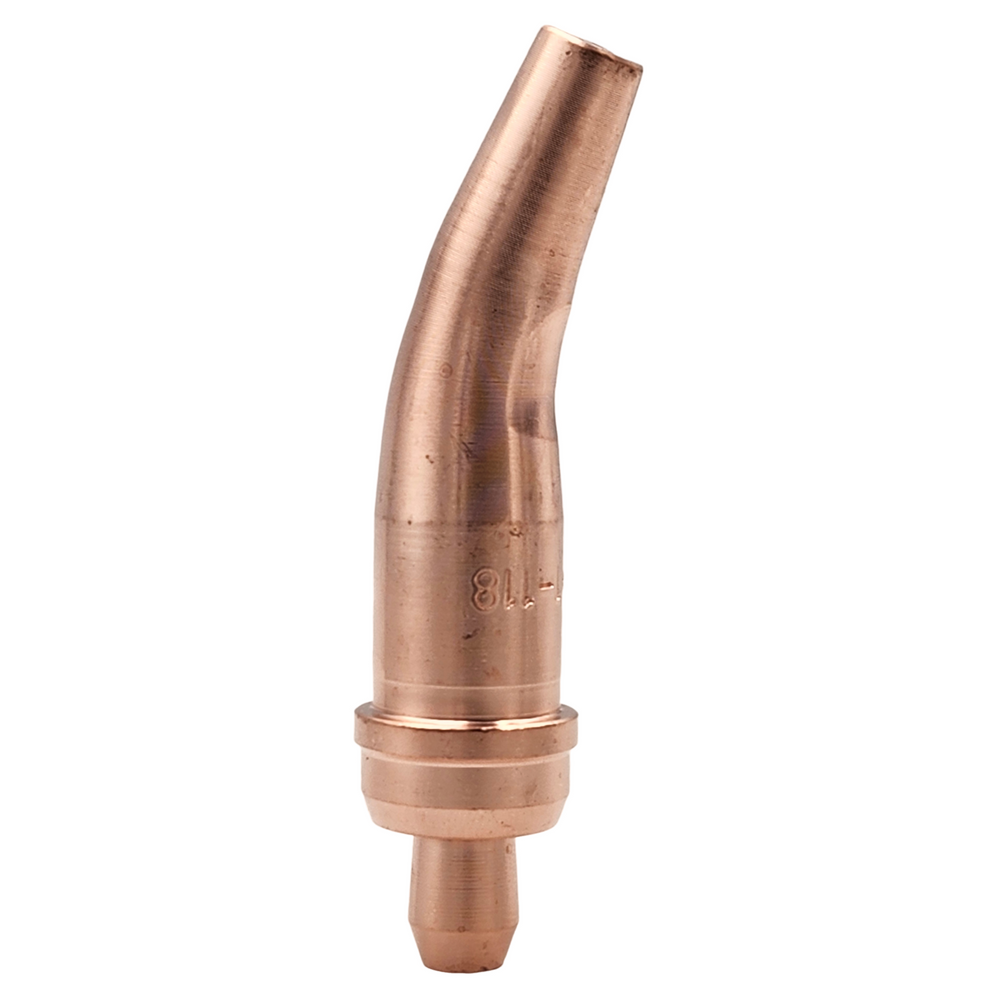 PowerWeld Victor-Style 1-118 acetylene gouging tip, side view of curved copper nozzle