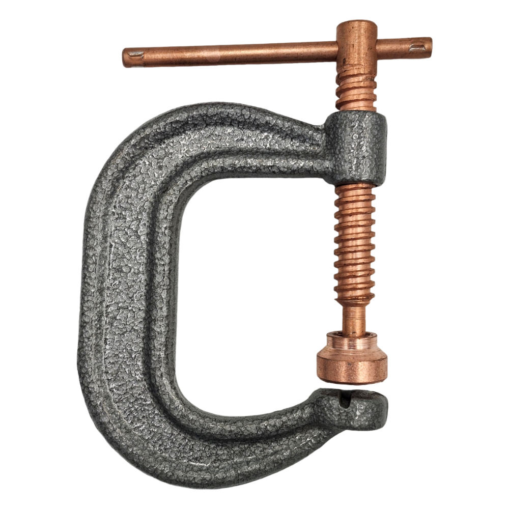 PowerWeld C-clamp with copper plated screw and T-handle for welding, front view