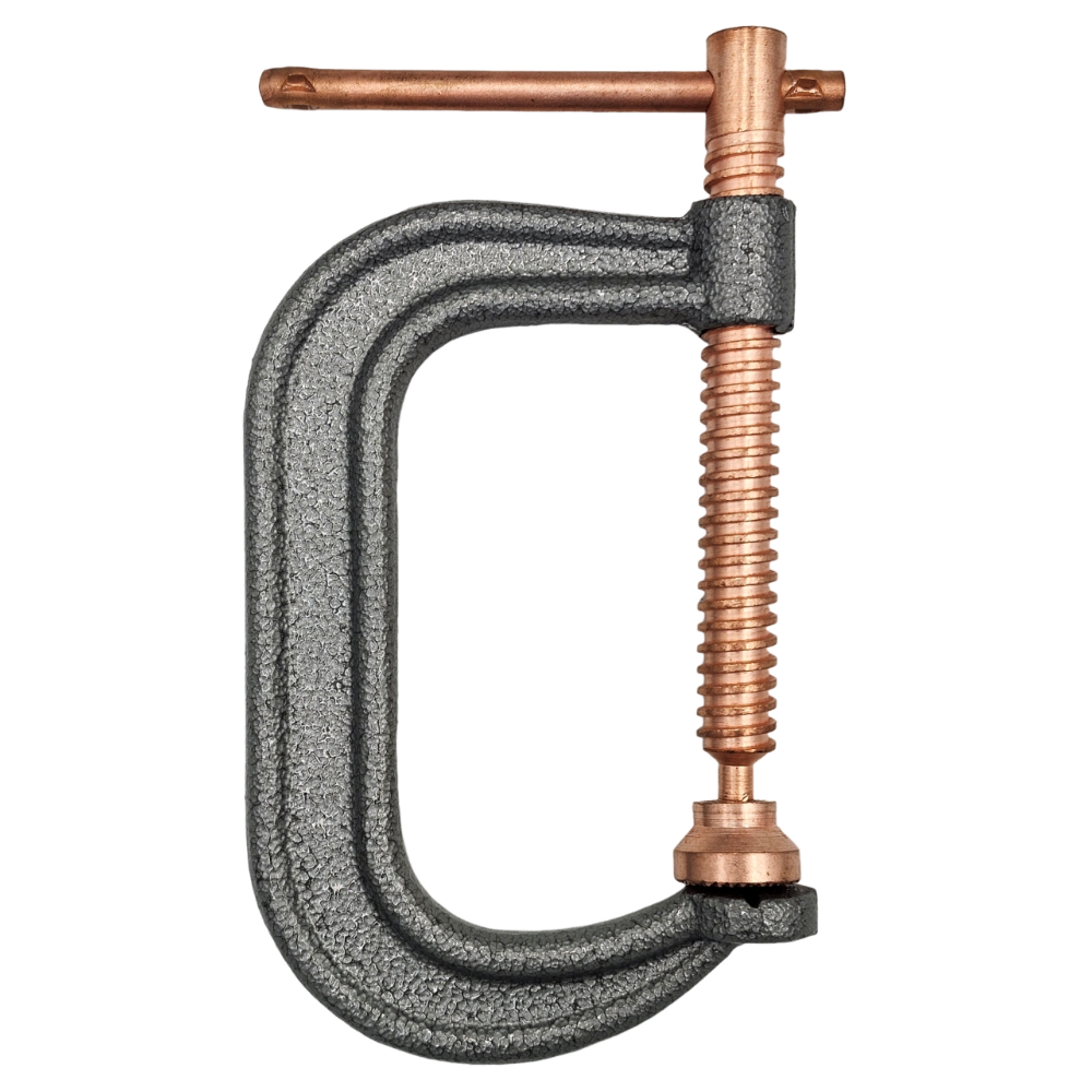 PowerWeld C-clamp with copper plated screw and T-handle for welding, angled view