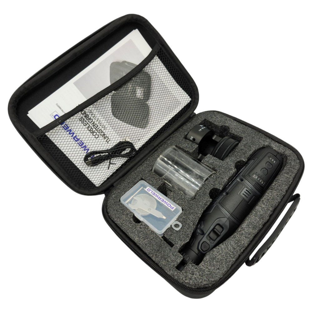 PowerWeld cordless tungsten grinder for TIG electrode sharpening - MapleWeld Canada