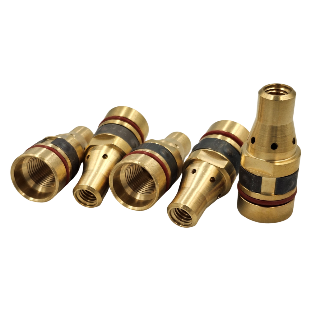 Parker 404-3 Tregaskiss style gas diffusers, pack of 5 brass retaining heads with red O-rings