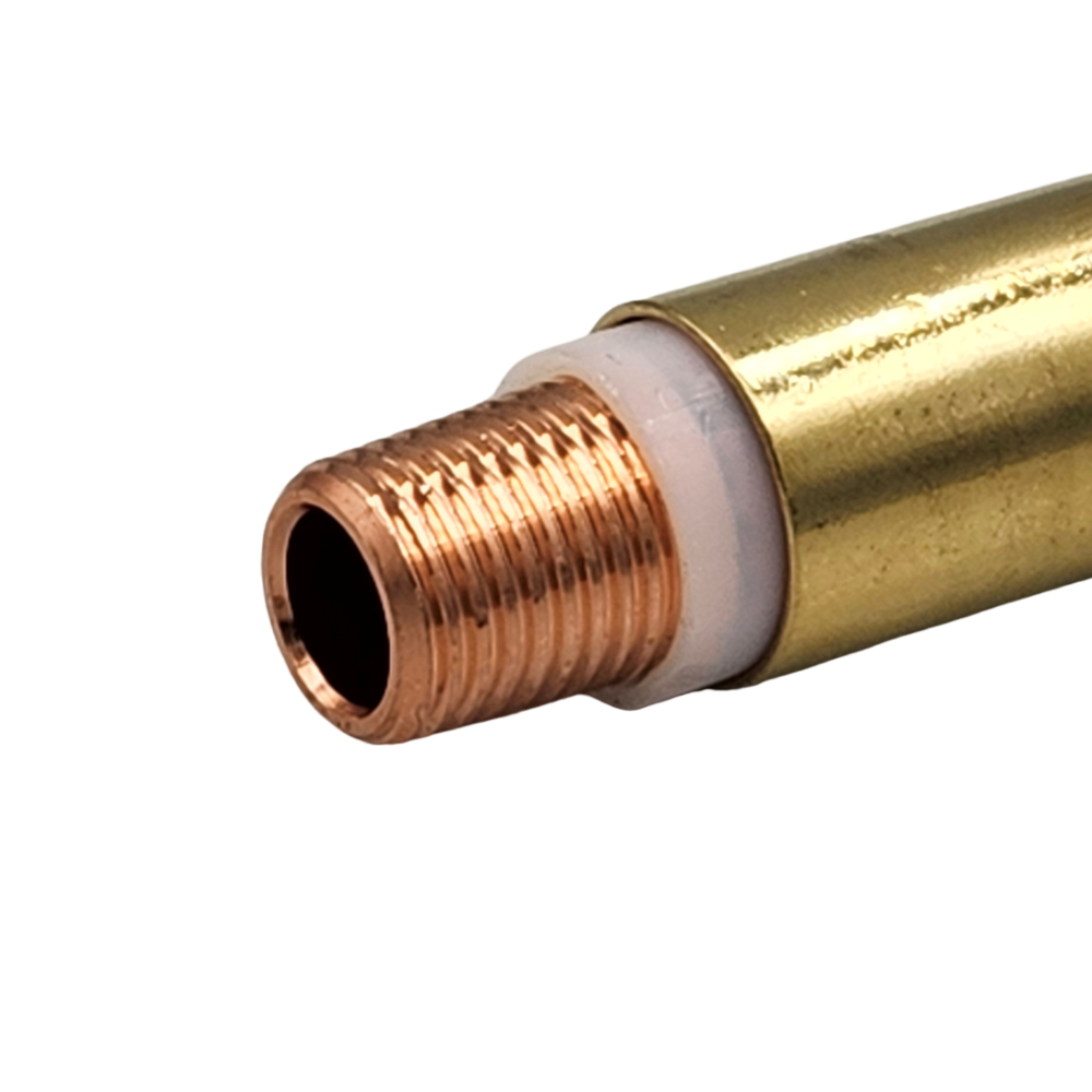Close-up of threaded copper end and white insulator on Parker Bernard style brass swan neck