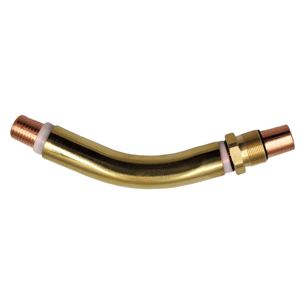 Parker Bernard style brass swan neck conductor tube shown from the side with both threaded ends