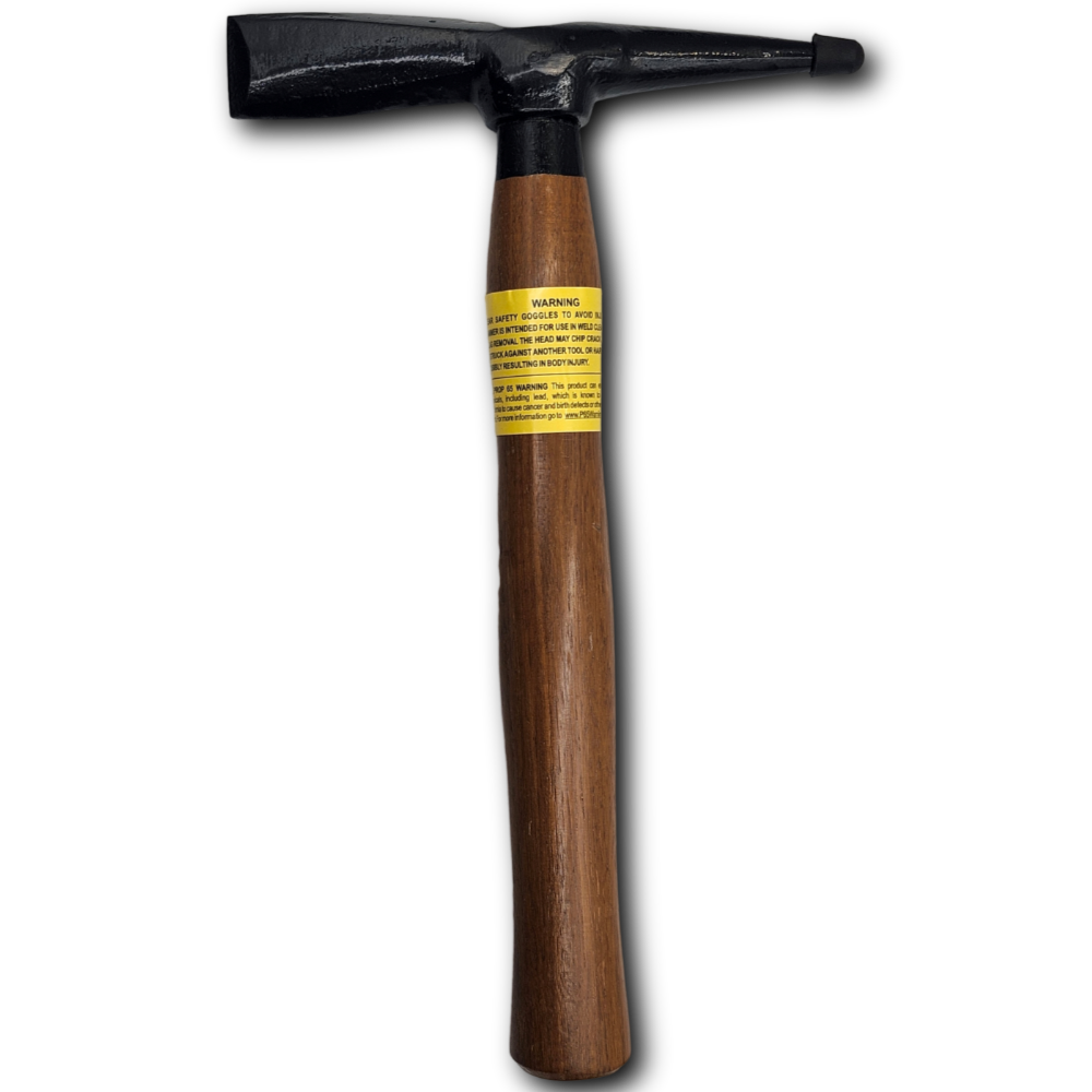 PowerWeld chipping hammer with wood handle and warning label for slag removal