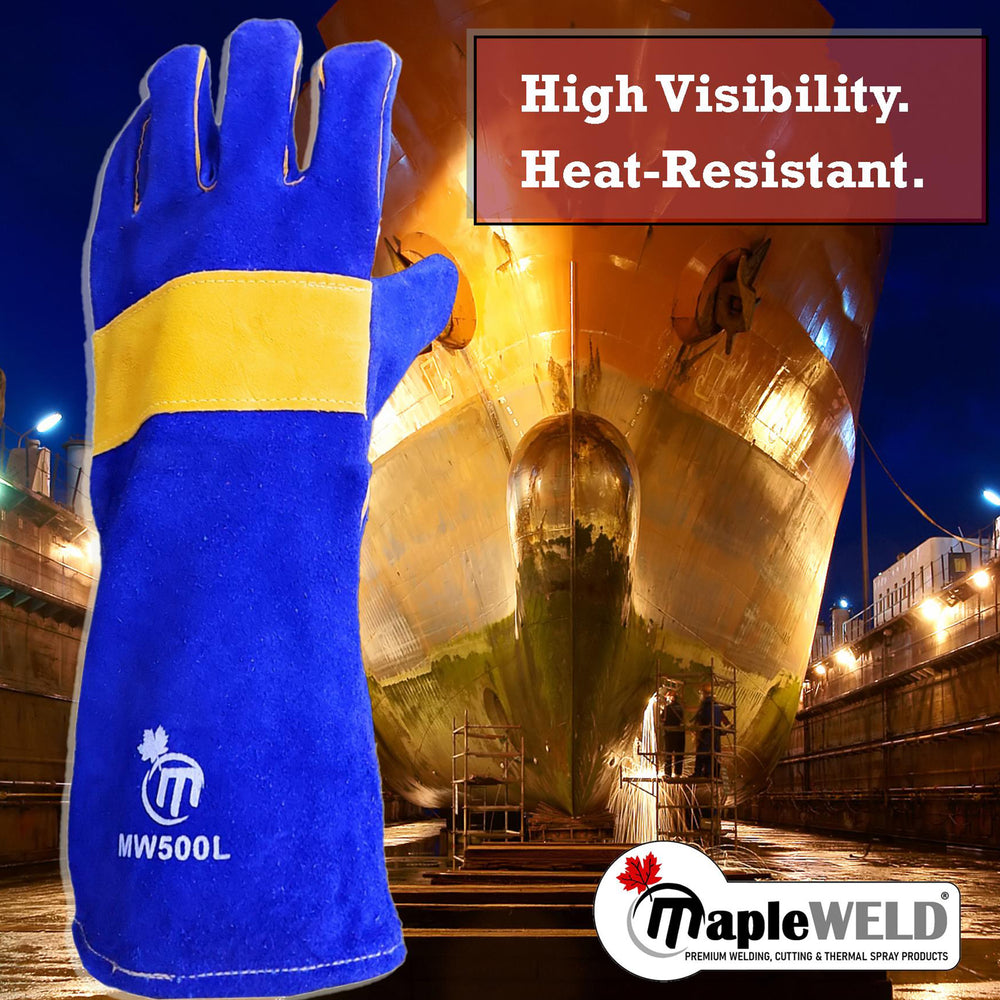 MapleWeld MW500 blue and yellow split leather Stick/MIG welding glove, long cuff, in shipyard setting