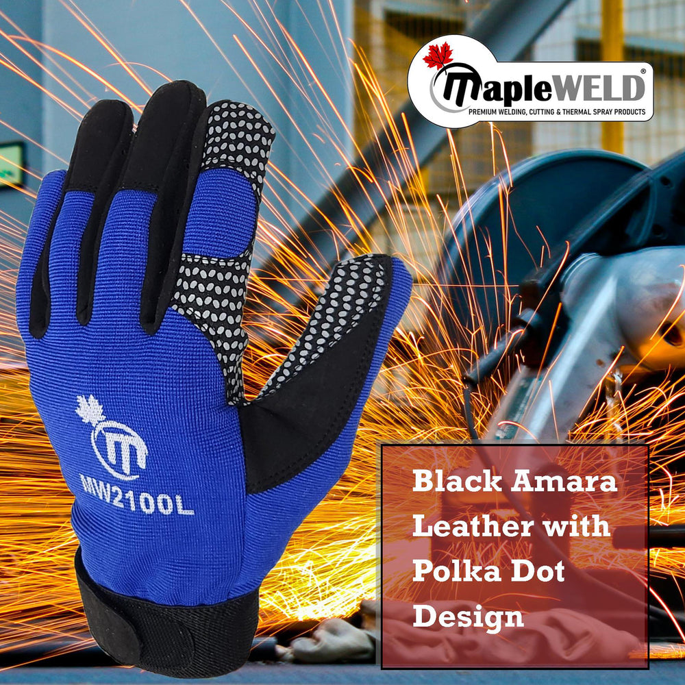 MapleWeld MW2100L blue work glove with black Amara leather and polka dot grip palm, Velcro strap