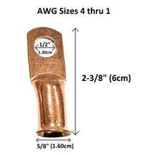 Copper Lugs Crimp or Solder on for Welding Cable AWG Sizes 4 Thru 1 Pack of 2