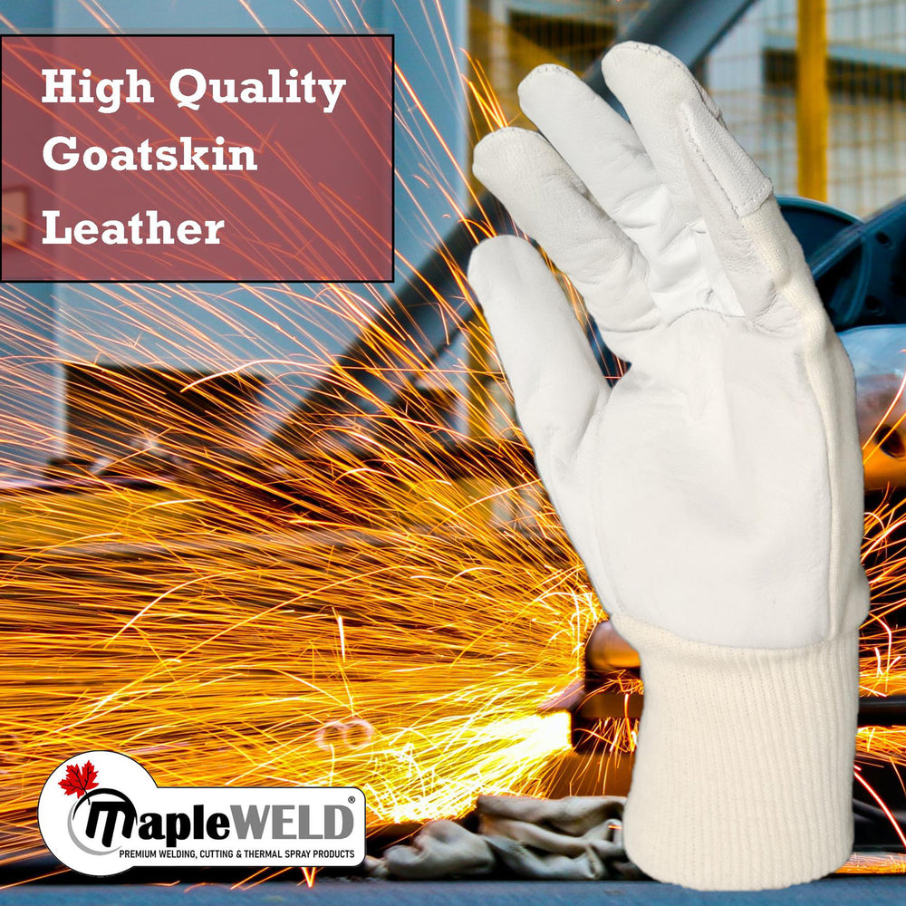 MapleWeld MW1700 goatskin leather glove with knit cotton wrist shown against welding sparks