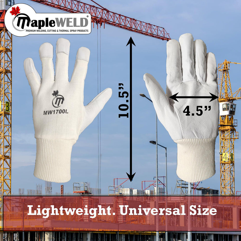 MapleWeld MW1700L goatskin gloves size graphic showing 10.5 inch length and 4.5 inch palm width