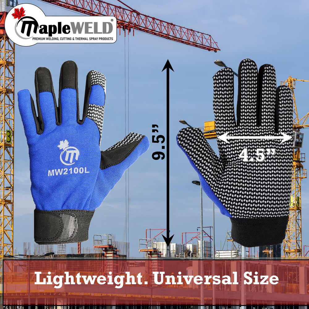 MapleWeld MW2100L polka dot grip gloves size graphic showing 9.5 inch length and 4.5 inch width