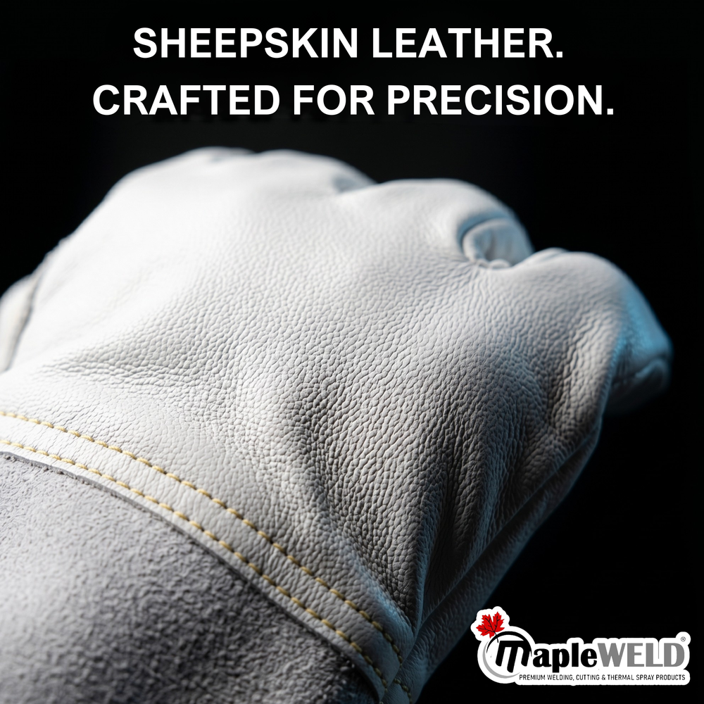 MapleWeld MW100 Sheepskin Long TIG Welding Gloves – White Sheepskin with Split Leather Cuff