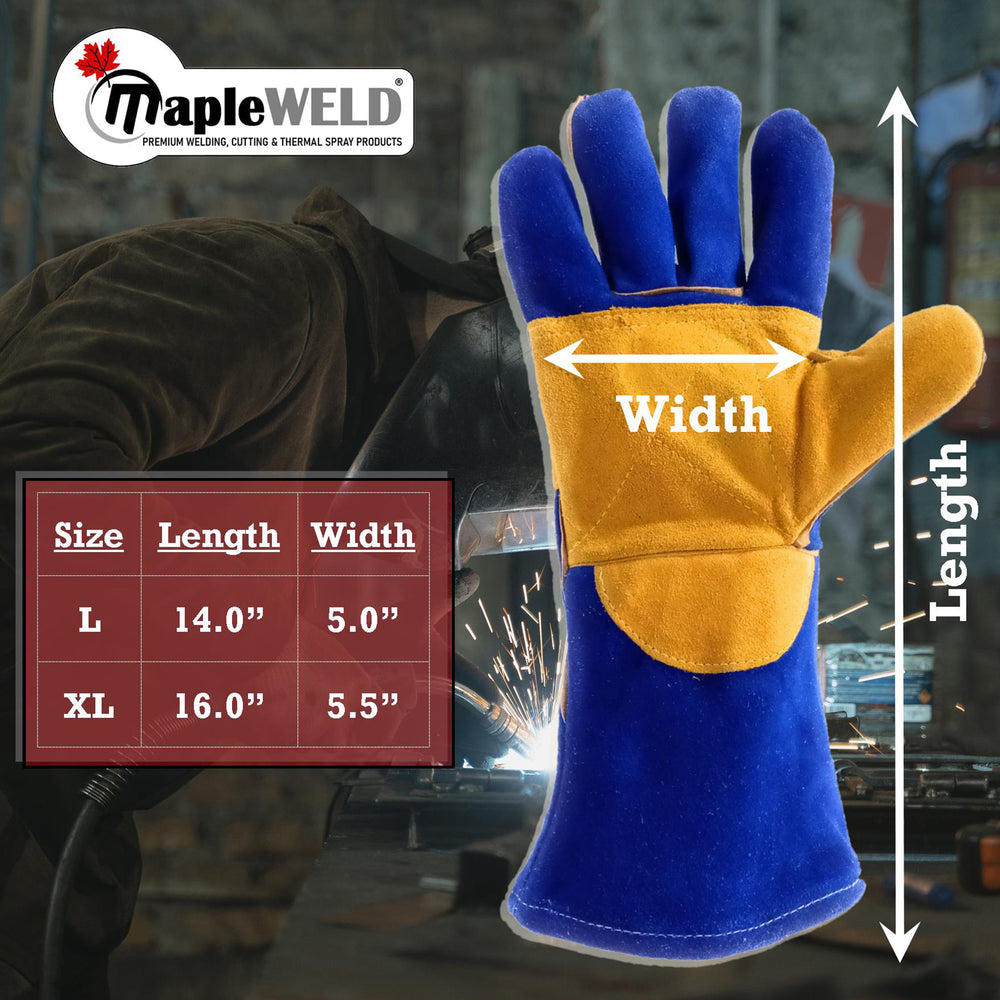 MapleWeld MW500 split leather welding glove size chart with length and width for L and XL