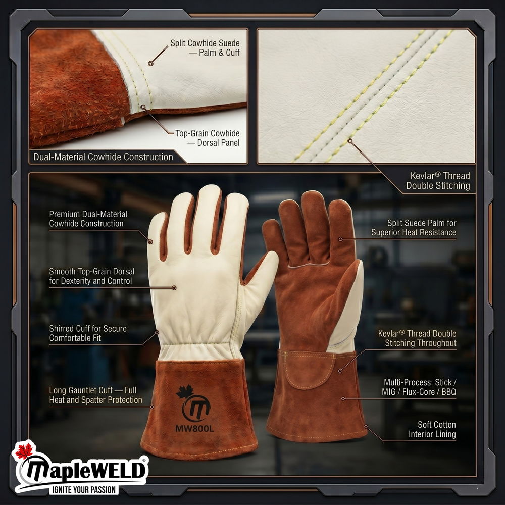 MapleWeld MW800 welding glove palm showing heat-resistant split leather