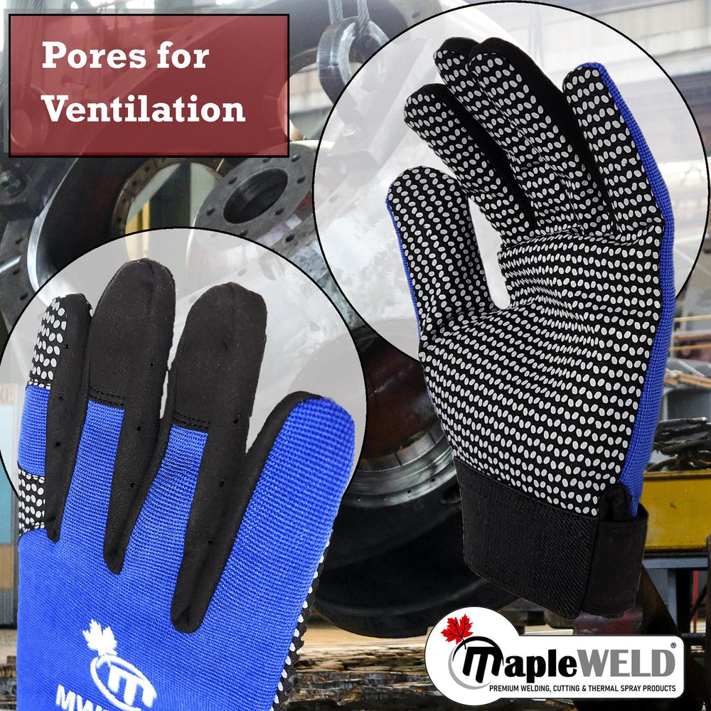 MapleWeld MW2100 work glove close-up of ventilation pores and polka dot grip palm