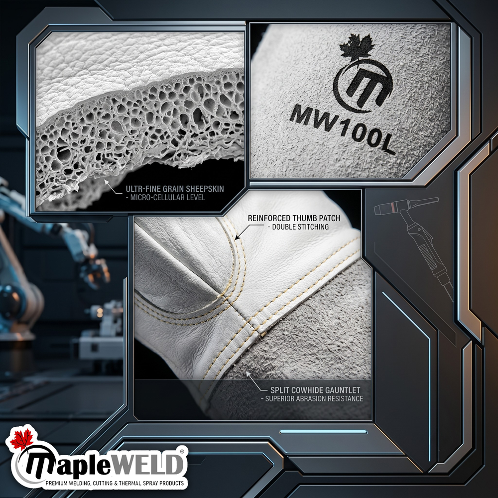 MapleWeld MW100 Sheepskin Long TIG Welding Gloves – White Sheepskin with Split Leather Cuff