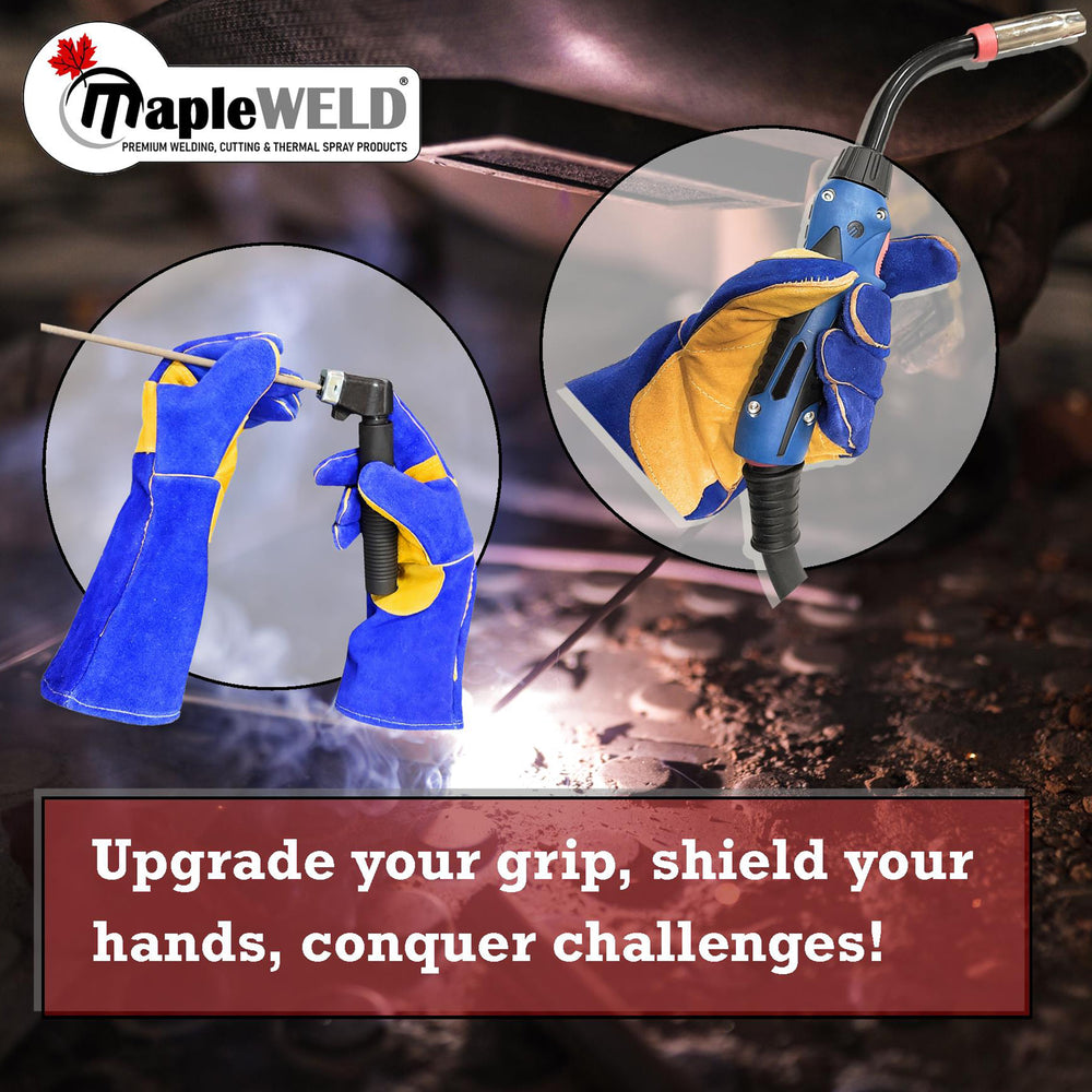 MapleWeld MW500 split leather welding gloves handling a TIG torch and MIG gun