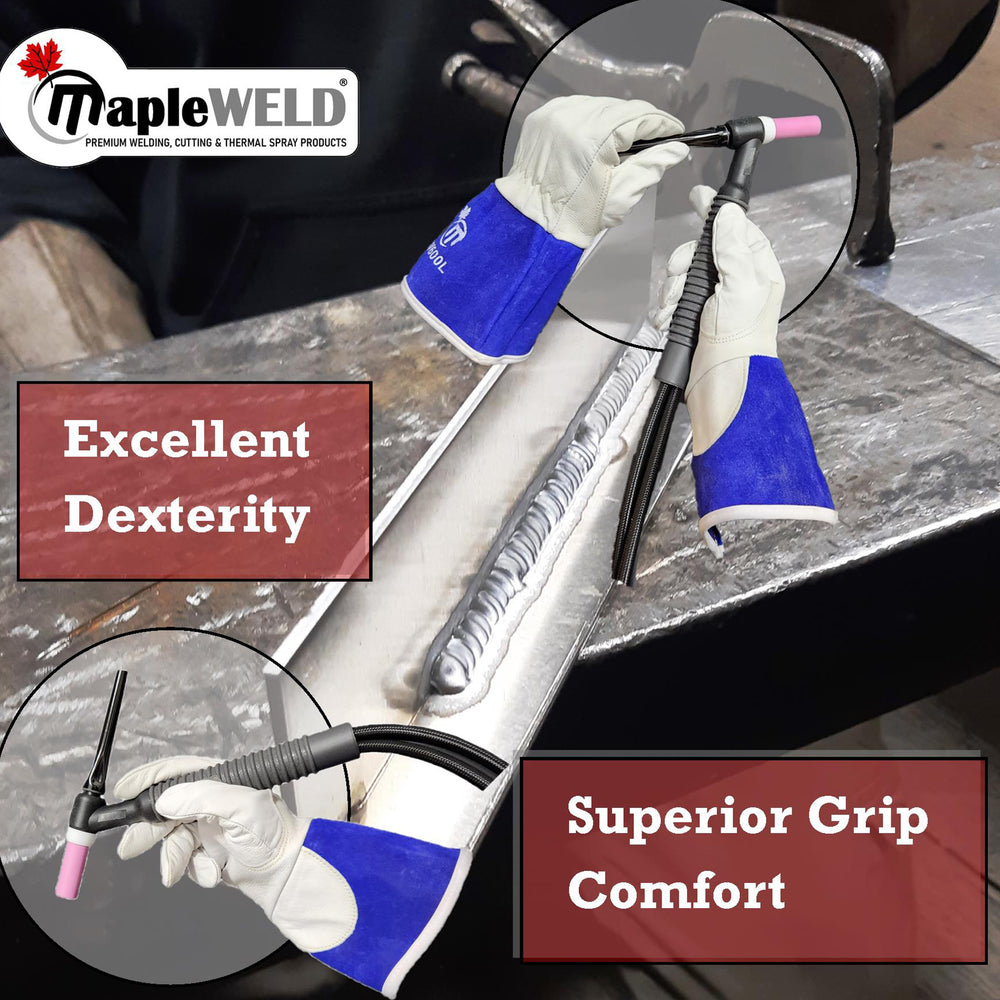 MapleWeld MW600 Goatskin Short TIG Welding Gloves with Blue Split Leather Cuff