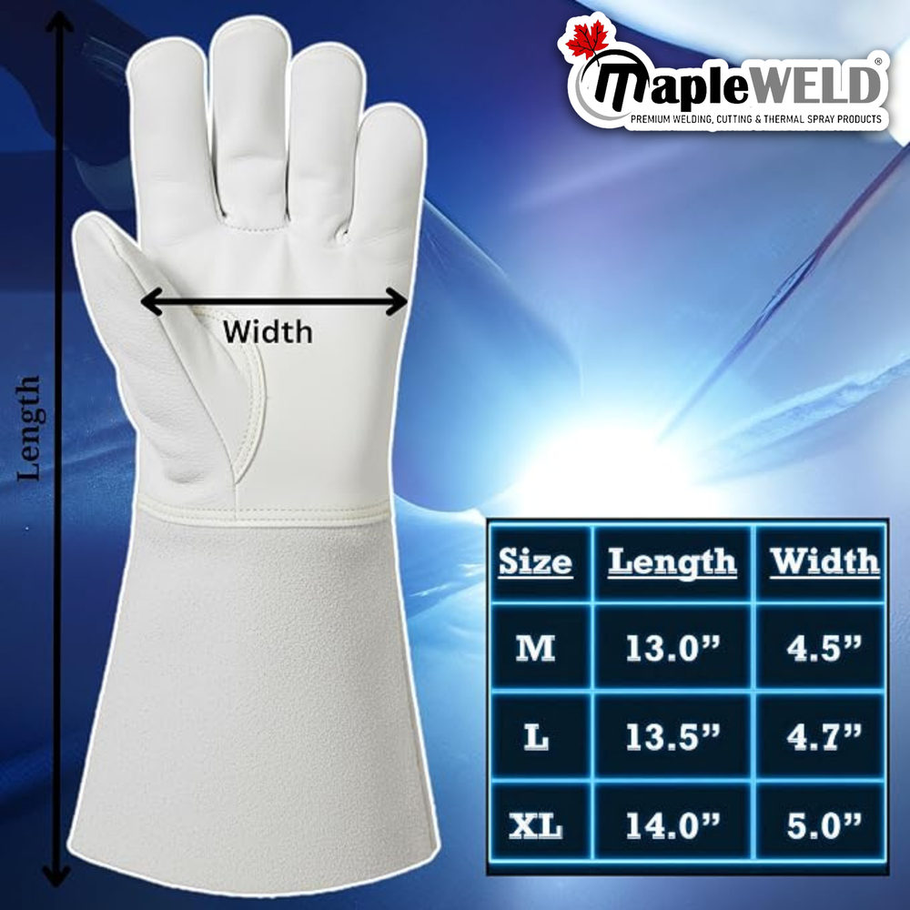 MapleWeld MW100 Sheepskin Long TIG Welding Gloves – White Sheepskin with Split Leather Cuff